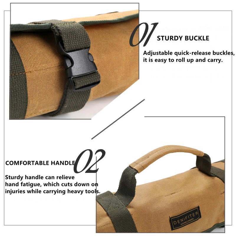 Denifiter Wrench Tool Roll, Heavy Duty Waxed Canvas Multi-purpose Tool Pouch Bag With 25 Pockets, Easy Storage, Durable (Khaki) - Image 3